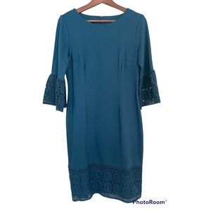 Talbot's Teal Lace Trim Bell 3/4 Sleeve Career Dressy Sheath Dress